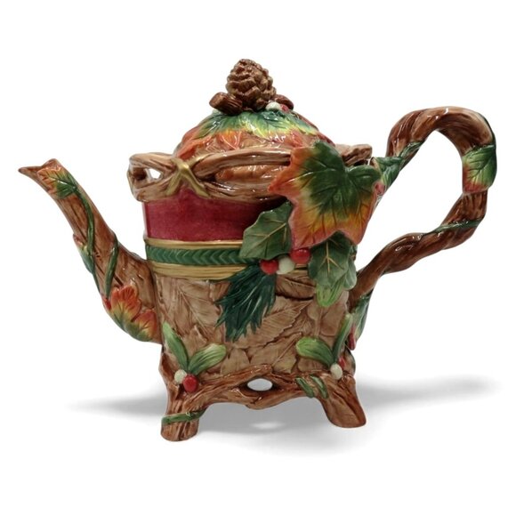 FITZ & FLOYD Classics Christmas Lodge Teapot With Pinecone and Leaf Design - Picture 6 of 13